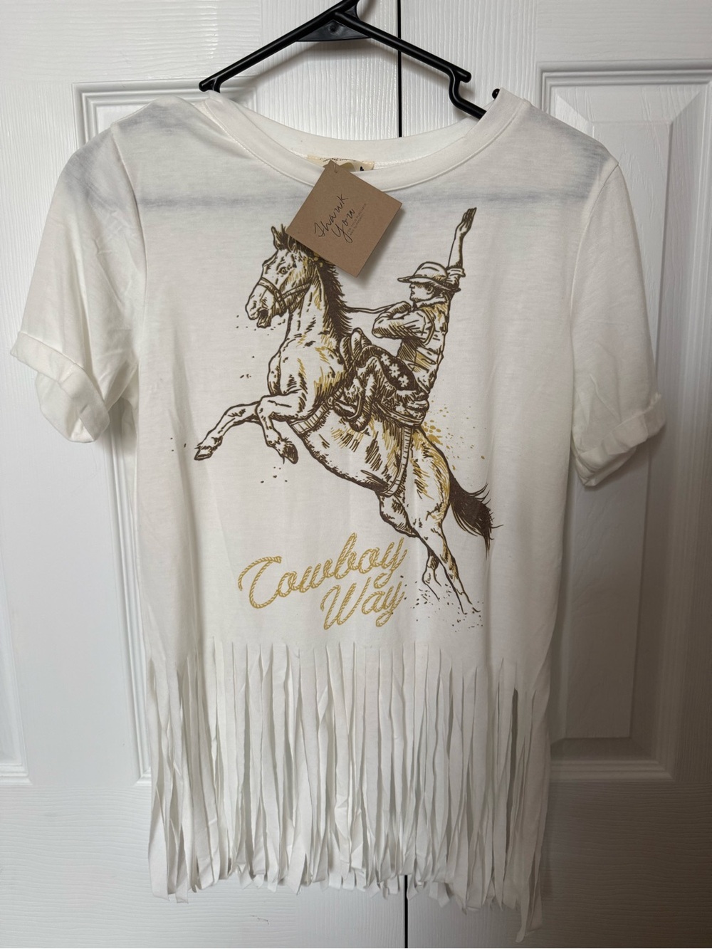Avery White Tee Brown Cowboy Way Rodeo Graphic and Fringe